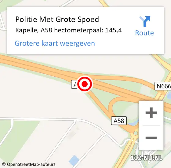 Locatie op kaart van de 112 melding: Politie Met Grote Spoed Naar Kapelle, A58 hectometerpaal: 145,4 op 17 december 2021 06:55
