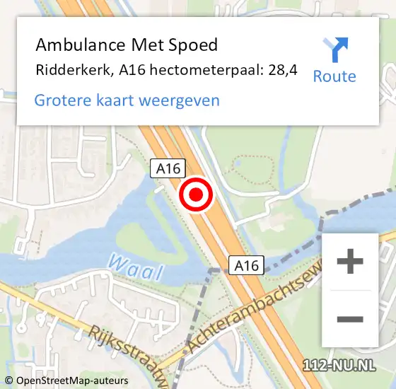 Locatie op kaart van de 112 melding: Ambulance Met Spoed Naar Ridderkerk, A16 hectometerpaal: 28,4 op 17 december 2021 07:07