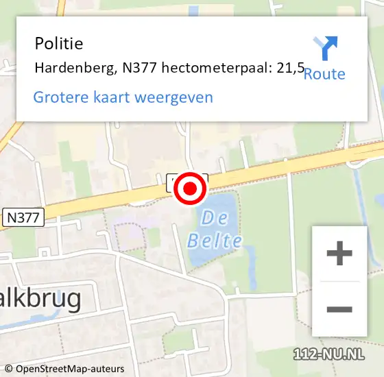 Locatie op kaart van de 112 melding: Politie Hardenberg, N377 hectometerpaal: 21,5 op 17 december 2021 08:11