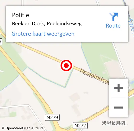 Locatie op kaart van de 112 melding: Politie Beek en Donk, Peeleindseweg op 17 december 2021 08:20