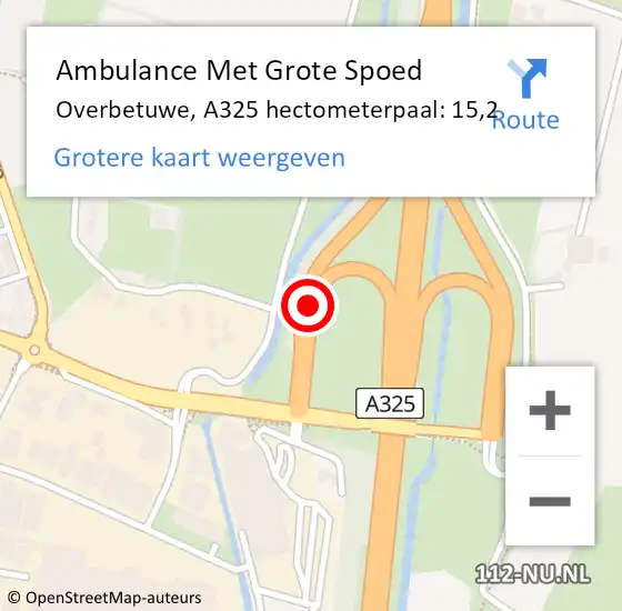 Locatie op kaart van de 112 melding: Ambulance Met Grote Spoed Naar Overbetuwe, A325 hectometerpaal: 15,2 op 17 december 2021 10:21