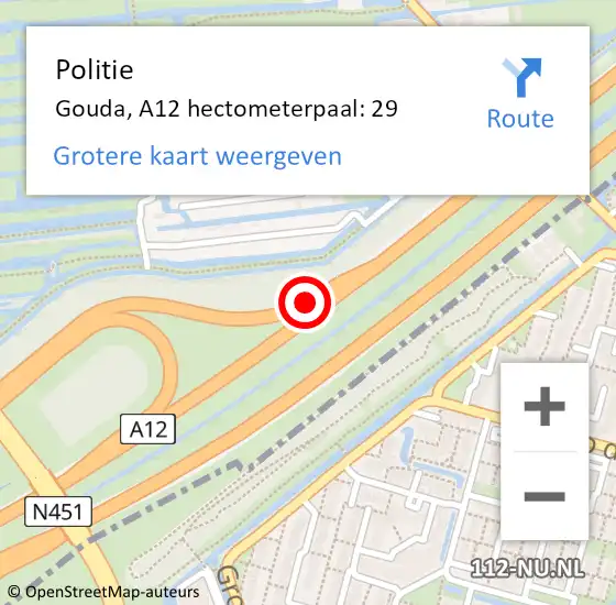 Locatie op kaart van de 112 melding: Politie Gouda, A12 hectometerpaal: 29 op 17 december 2021 13:11