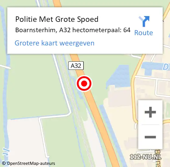 Locatie op kaart van de 112 melding: Politie Met Grote Spoed Naar Boarnsterhim, A32 hectometerpaal: 64 op 17 december 2021 14:37