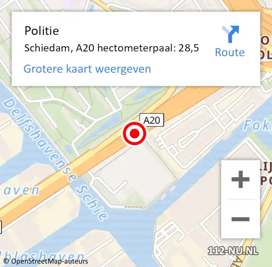 Locatie op kaart van de 112 melding: Politie Rotterdam, A20 hectometerpaal: 28,5 op 17 december 2021 17:02