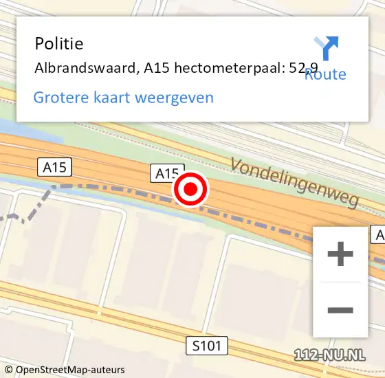 Locatie op kaart van de 112 melding: Politie Albrandswaard, A15 hectometerpaal: 52,9 op 17 december 2021 17:04