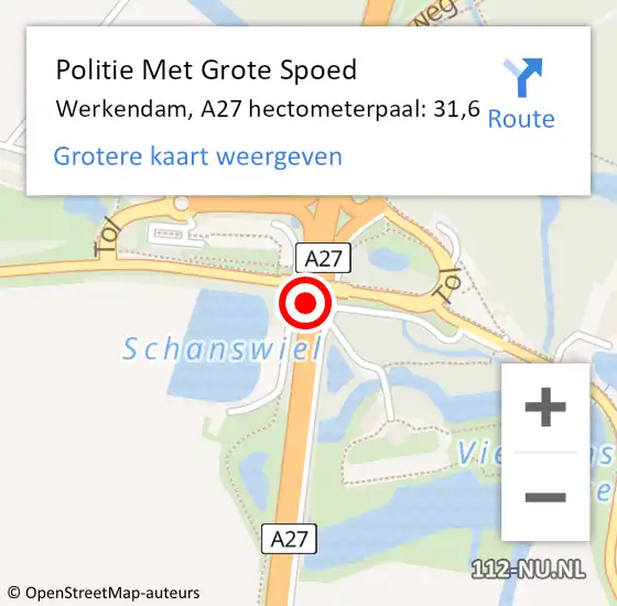 Locatie op kaart van de 112 melding: Politie Met Grote Spoed Naar Werkendam, A27 hectometerpaal: 31,6 op 17 december 2021 17:49