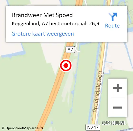 Locatie op kaart van de 112 melding: Brandweer Met Spoed Naar Koggenland, A7 hectometerpaal: 26,9 op 17 december 2021 21:05