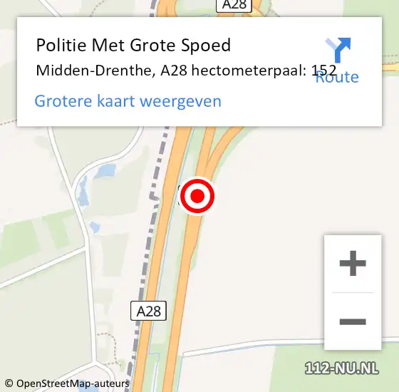 Locatie op kaart van de 112 melding: Politie Met Grote Spoed Naar Midden-Drenthe, A28 hectometerpaal: 152 op 17 december 2021 21:27