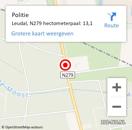 Locatie op kaart van de 112 melding: Politie Leudal, N279 hectometerpaal: 13,1 op 18 december 2021 16:51