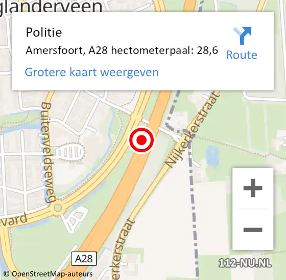 Locatie op kaart van de 112 melding: Politie Amersfoort, A28 hectometerpaal: 28,6 op 18 december 2021 23:25