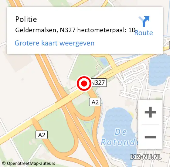 Locatie op kaart van de 112 melding: Politie Geldermalsen, N327 hectometerpaal: 10 op 19 december 2021 01:46