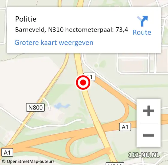Locatie op kaart van de 112 melding: Politie Barneveld, N310 hectometerpaal: 73,4 op 19 december 2021 09:05