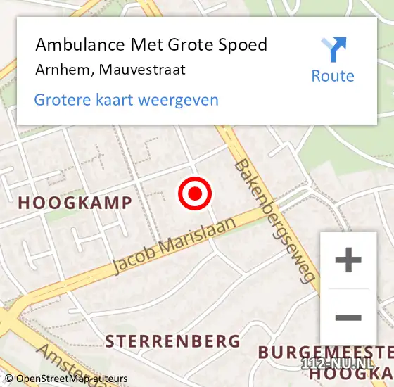 Locatie op kaart van de 112 melding: Ambulance Met Grote Spoed Naar Arnhem, Mauvestraat op 19 december 2021 14:07