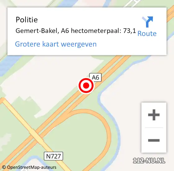 Locatie op kaart van de 112 melding: Politie Gemert-Bakel, A6 hectometerpaal: 73,1 op 19 december 2021 14:17
