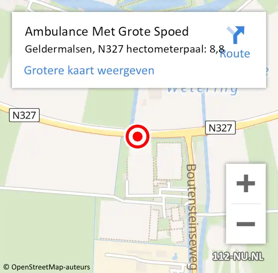 Locatie op kaart van de 112 melding: Ambulance Met Grote Spoed Naar Geldermalsen, N327 hectometerpaal: 8,8 op 19 december 2021 14:34