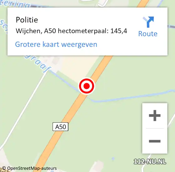 Locatie op kaart van de 112 melding: Politie Wijchen, A50 hectometerpaal: 145,4 op 19 december 2021 14:36