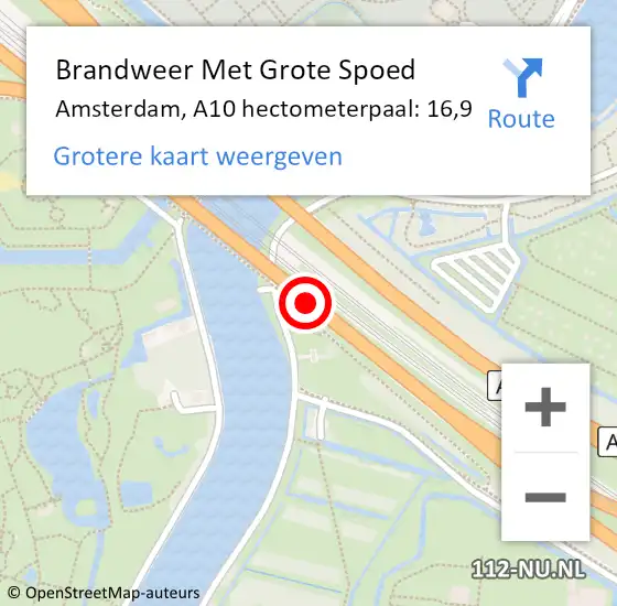 Locatie op kaart van de 112 melding: Brandweer Met Grote Spoed Naar Amsterdam, A10 hectometerpaal: 16,9 op 19 december 2021 14:41