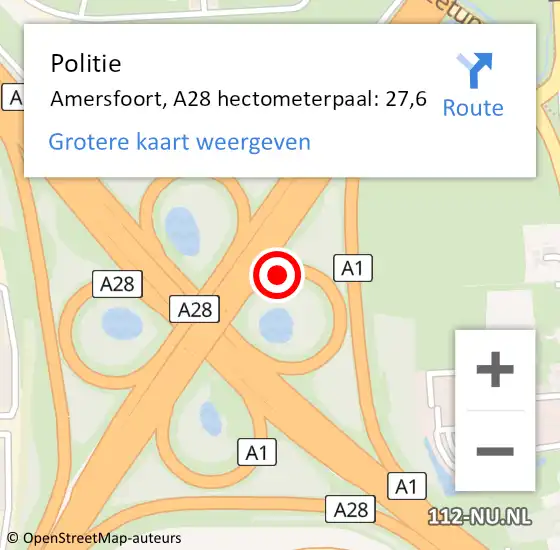 Locatie op kaart van de 112 melding: Politie Amersfoort, A28 hectometerpaal: 27,6 op 19 december 2021 14:55