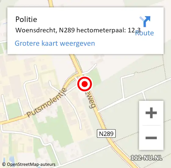 Locatie op kaart van de 112 melding: Politie Woensdrecht, N289 hectometerpaal: 12,3 op 19 december 2021 18:07