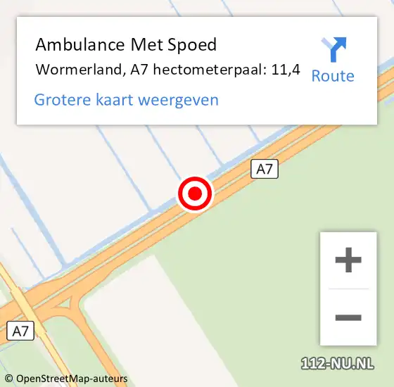 Locatie op kaart van de 112 melding: Ambulance Met Spoed Naar Wormerland, A7 hectometerpaal: 11,4 op 19 december 2021 19:28