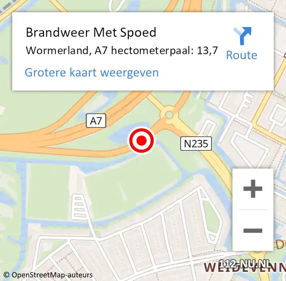Locatie op kaart van de 112 melding: Brandweer Met Spoed Naar Wormerland, A7 hectometerpaal: 13,7 op 19 december 2021 19:32