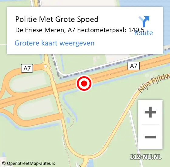 Locatie op kaart van de 112 melding: Politie Met Grote Spoed Naar De Friese Meren, A7 hectometerpaal: 140,5 op 19 december 2021 19:41