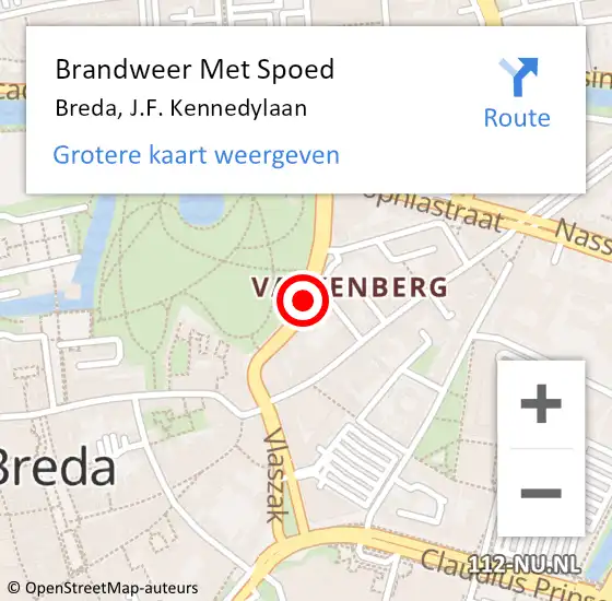 Locatie op kaart van de 112 melding: Brandweer Met Spoed Naar Breda, J.F. Kennedylaan op 19 december 2021 21:19