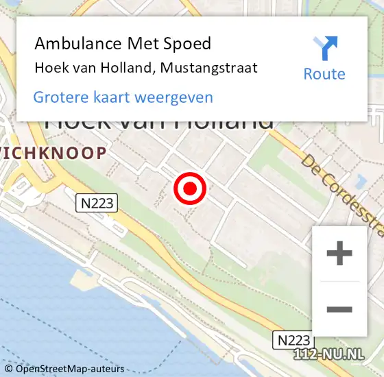 Locatie op kaart van de 112 melding: Ambulance Met Spoed Naar Hoek van Holland, Mustangstraat op 20 december 2021 04:13