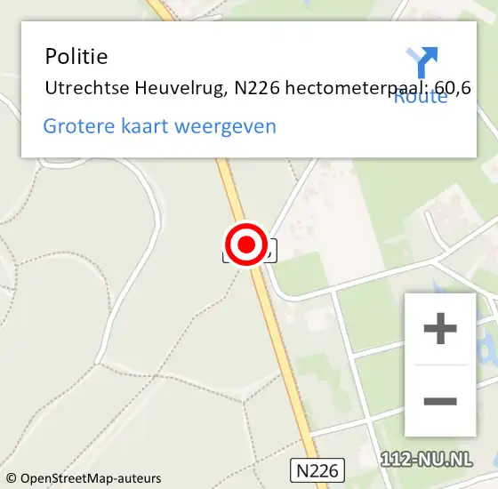 Locatie op kaart van de 112 melding: Politie Utrechtse Heuvelrug, N226 hectometerpaal: 60,6 op 20 december 2021 06:35