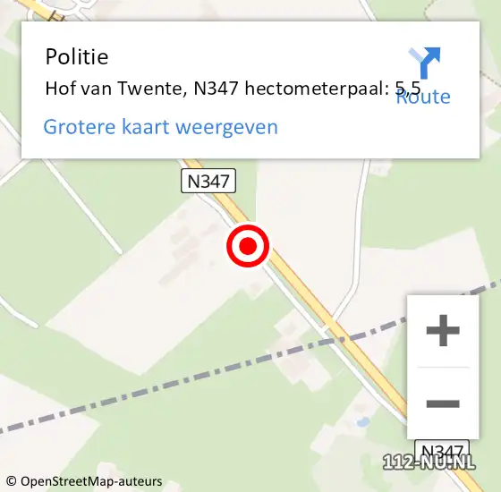 Locatie op kaart van de 112 melding: Politie Hof van Twente, N347 hectometerpaal: 5,5 op 20 december 2021 09:47