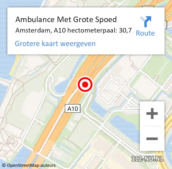 Locatie op kaart van de 112 melding: Ambulance Met Grote Spoed Naar Amsterdam, A10 hectometerpaal: 30,7 op 20 december 2021 12:28