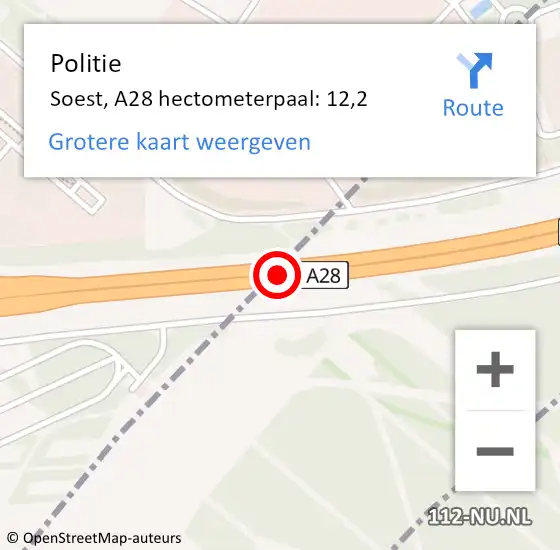 Locatie op kaart van de 112 melding: Politie Soest, A28 hectometerpaal: 12,2 op 20 december 2021 13:56