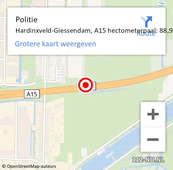 Locatie op kaart van de 112 melding: Politie Hardinxveld-Giessendam, A15 hectometerpaal: 88,9 op 20 december 2021 14:51