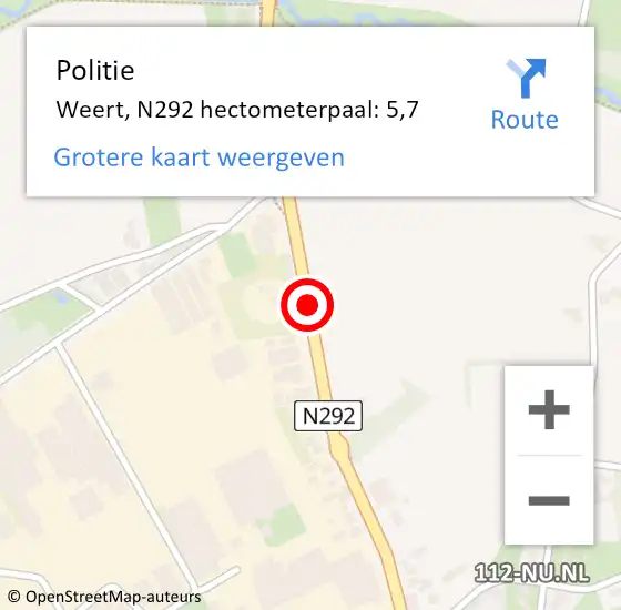 Locatie op kaart van de 112 melding: Politie Weert, N292 hectometerpaal: 5,7 op 20 december 2021 17:58