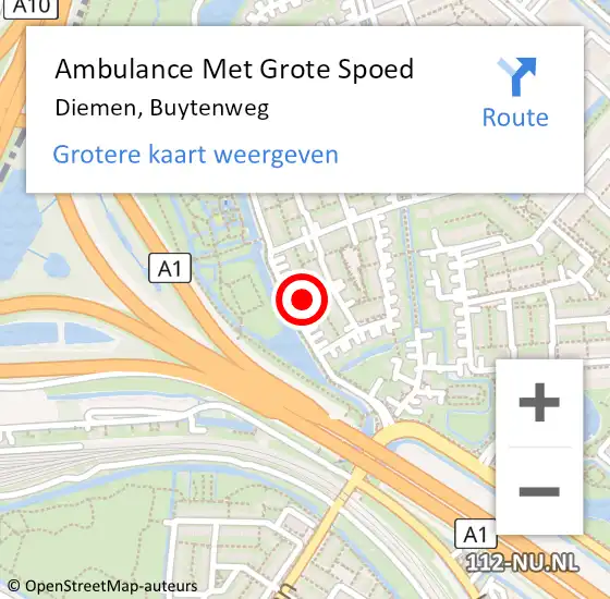Locatie op kaart van de 112 melding: Ambulance Met Grote Spoed Naar Diemen, Buytenweg op 20 december 2021 21:31