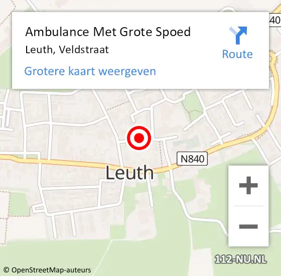 Locatie op kaart van de 112 melding: Ambulance Met Grote Spoed Naar Leuth, Veldstraat op 20 december 2021 21:35