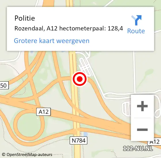 Locatie op kaart van de 112 melding: Politie Rozendaal, A12 hectometerpaal: 128,4 op 20 december 2021 23:01