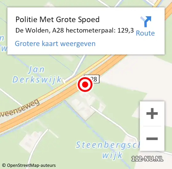 Locatie op kaart van de 112 melding: Politie Met Grote Spoed Naar De Wolden, A28 hectometerpaal: 129,3 op 20 december 2021 23:41