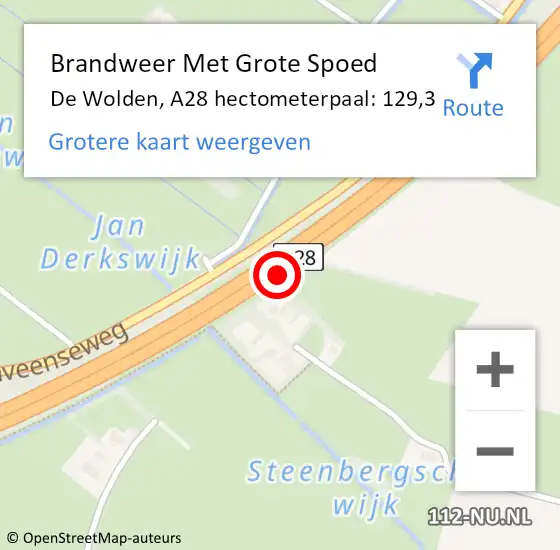 Locatie op kaart van de 112 melding: Brandweer Met Grote Spoed Naar De Wolden, A28 hectometerpaal: 129,3 op 20 december 2021 23:42