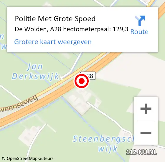 Locatie op kaart van de 112 melding: Politie Met Grote Spoed Naar De Wolden, A28 hectometerpaal: 129,3 op 20 december 2021 23:55