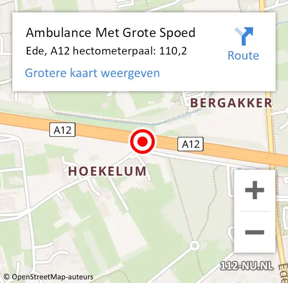 Locatie op kaart van de 112 melding: Ambulance Met Grote Spoed Naar Ede, A12 hectometerpaal: 110,2 op 21 december 2021 00:45