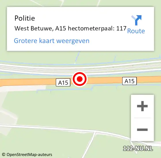 Locatie op kaart van de 112 melding: Politie Geldermalsen, A15 hectometerpaal: 117 op 21 december 2021 08:51