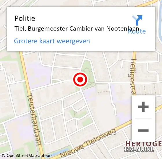 Locatie op kaart van de 112 melding: Politie Tiel, Burgemeester Cambier van Nootenlaan op 21 december 2021 09:12