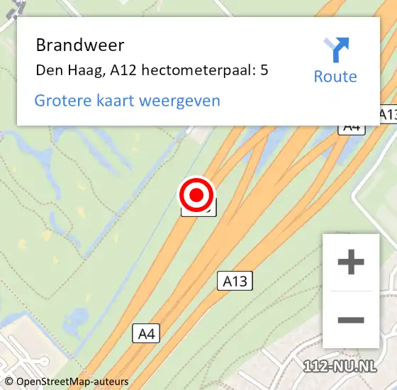 Locatie op kaart van de 112 melding: Brandweer Den Haag, A12 hectometerpaal: 5 op 21 december 2021 11:08