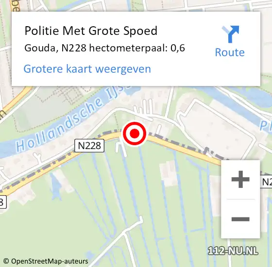 Locatie op kaart van de 112 melding: Politie Met Grote Spoed Naar Gouda, N228 hectometerpaal: 0,6 op 21 december 2021 12:45