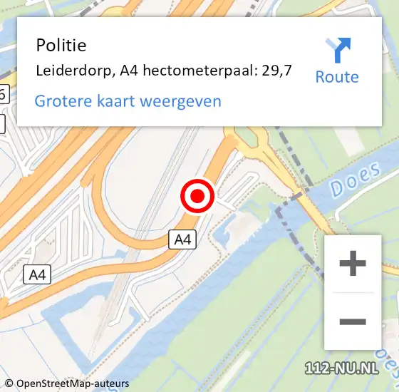 Locatie op kaart van de 112 melding: Politie Leiderdorp, A4 hectometerpaal: 29,7 op 21 december 2021 14:03