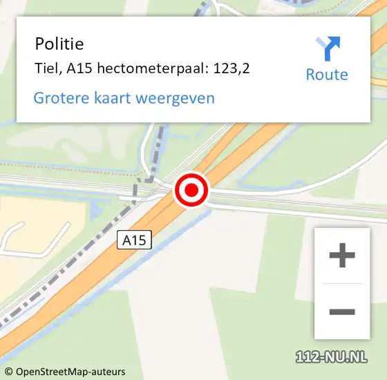 Locatie op kaart van de 112 melding: Politie Tiel, A15 hectometerpaal: 123,2 op 21 december 2021 16:45