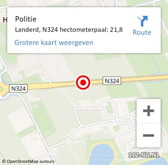 Locatie op kaart van de 112 melding: Politie Landerd, N324 hectometerpaal: 21,8 op 21 december 2021 17:18