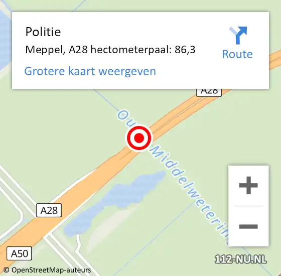 Locatie op kaart van de 112 melding: Politie Meppel, A28 hectometerpaal: 86,3 op 21 december 2021 17:50