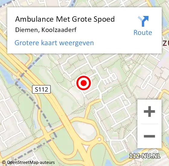 Locatie op kaart van de 112 melding: Ambulance Met Grote Spoed Naar Diemen, Koolzaaderf op 21 december 2021 17:51